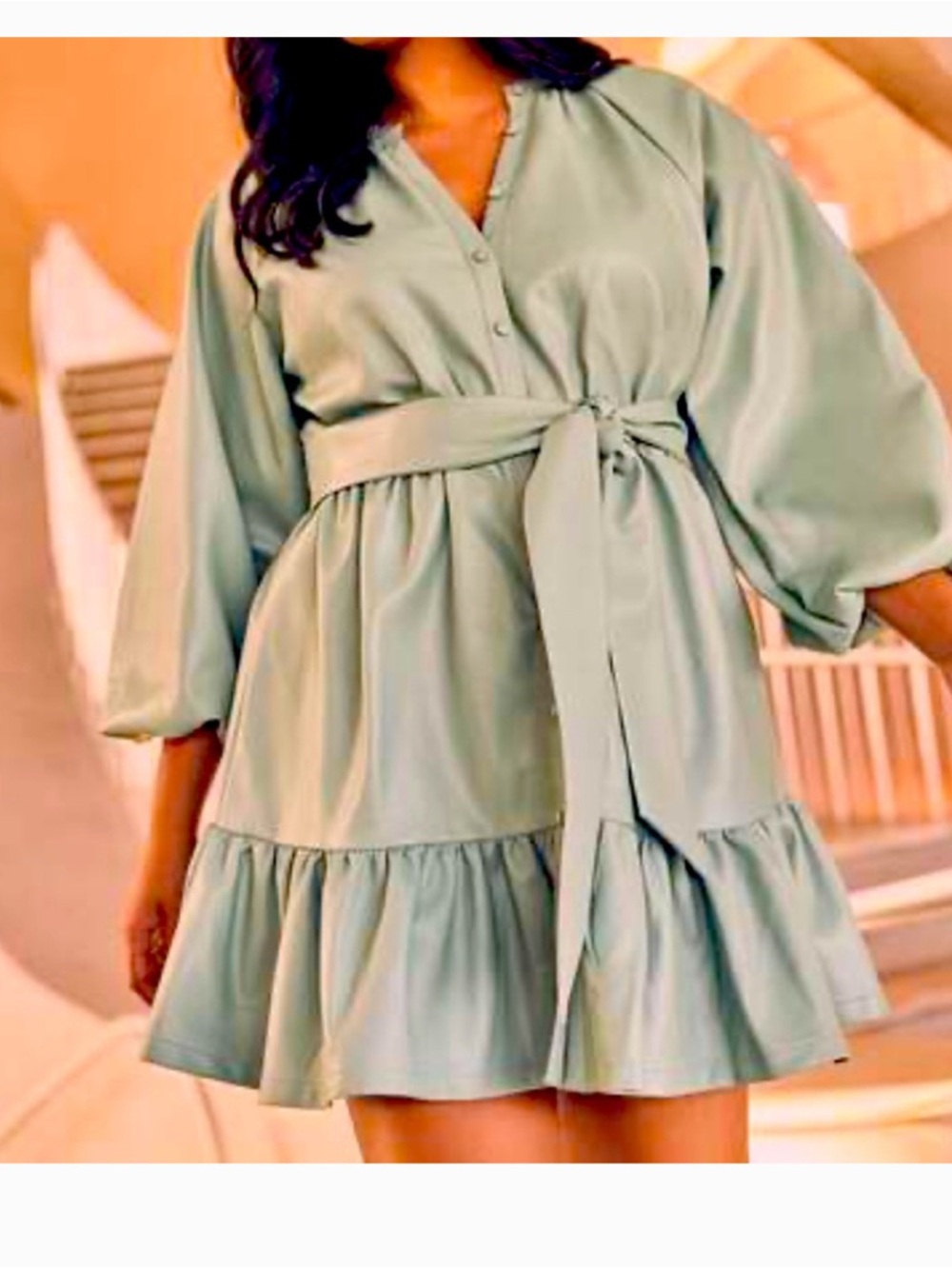 Eloquii Sage Green Tie-Waist Tiered Mini Dress